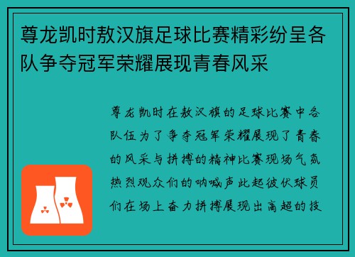 尊龙凯时敖汉旗足球比赛精彩纷呈各队争夺冠军荣耀展现青春风采
