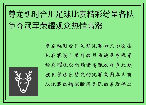 尊龙凯时合川足球比赛精彩纷呈各队争夺冠军荣耀观众热情高涨