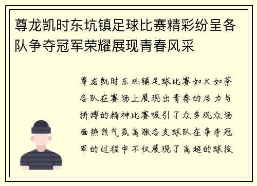 尊龙凯时东坑镇足球比赛精彩纷呈各队争夺冠军荣耀展现青春风采