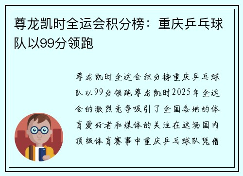 尊龙凯时全运会积分榜：重庆乒乓球队以99分领跑