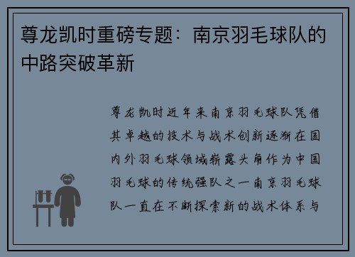 尊龙凯时重磅专题：南京羽毛球队的中路突破革新