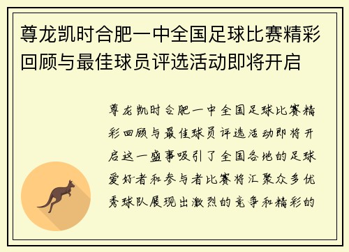 尊龙凯时合肥一中全国足球比赛精彩回顾与最佳球员评选活动即将开启