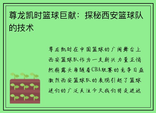 尊龙凯时篮球巨献：探秘西安篮球队的技术