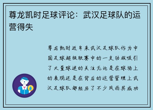 尊龙凯时足球评论：武汉足球队的运营得失