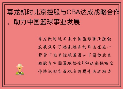 尊龙凯时北京控股与CBA达成战略合作，助力中国篮球事业发展