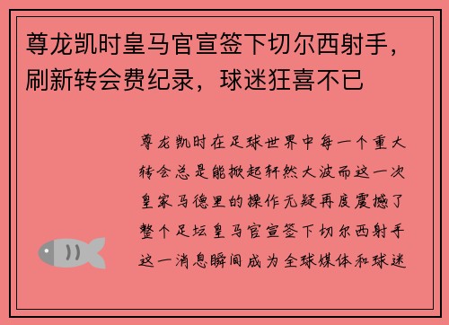 尊龙凯时皇马官宣签下切尔西射手，刷新转会费纪录，球迷狂喜不已