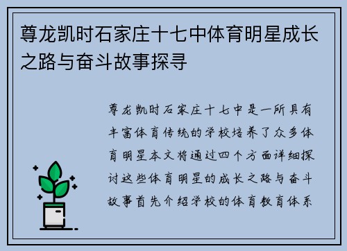 尊龙凯时石家庄十七中体育明星成长之路与奋斗故事探寻